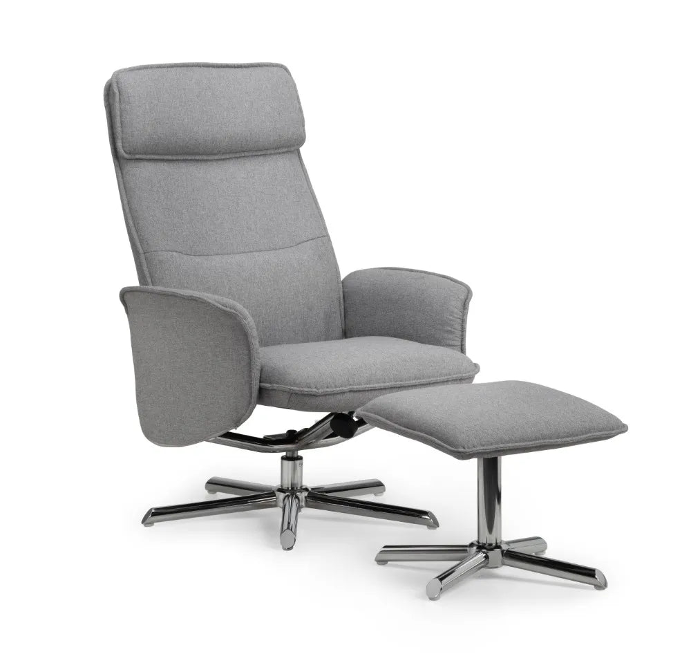 Aria Recliner & Stool With Chrome Base - Grey Linen Julian Bowen