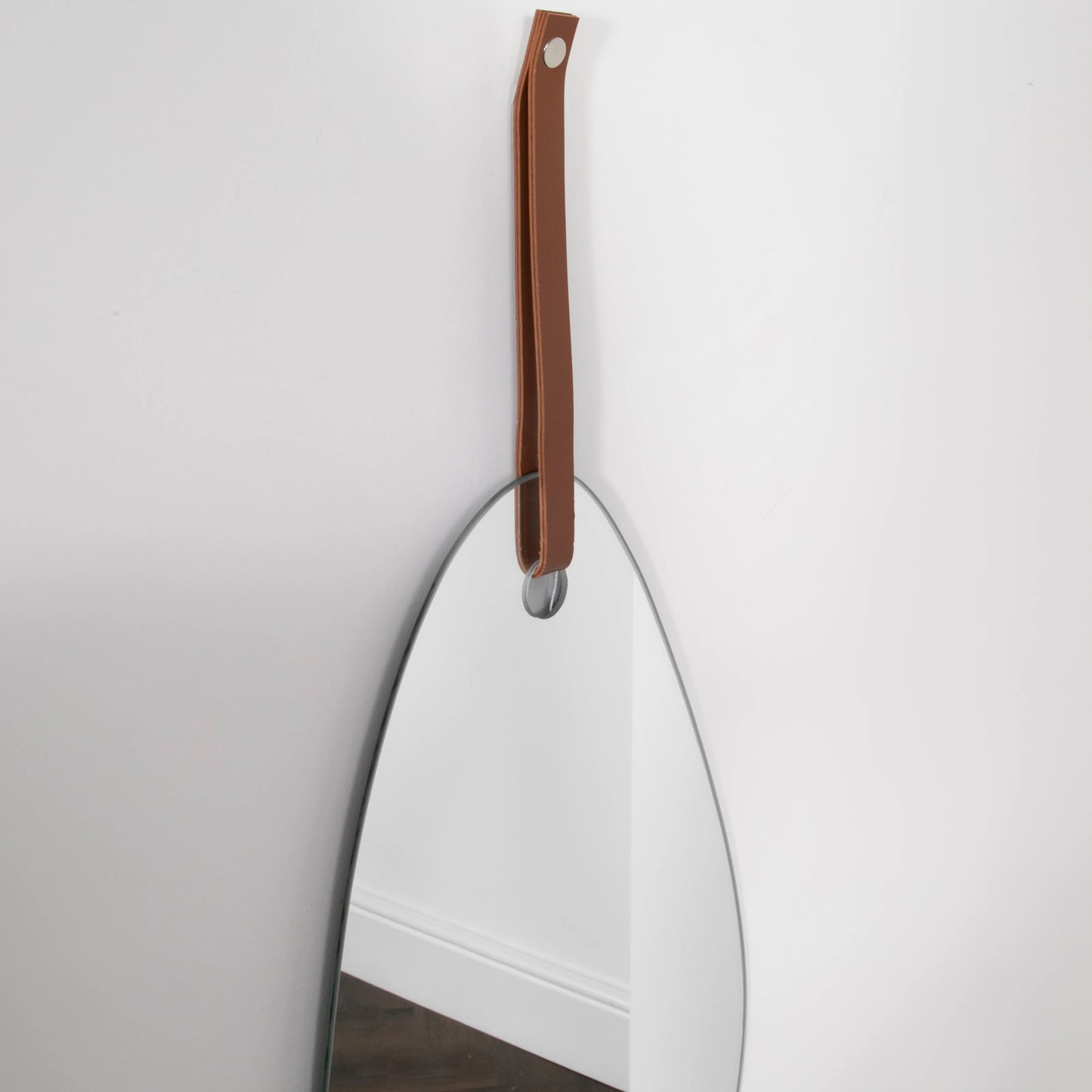 Pebble Shaped Mirror with Brown Leather Hanging Strap - Oakavia