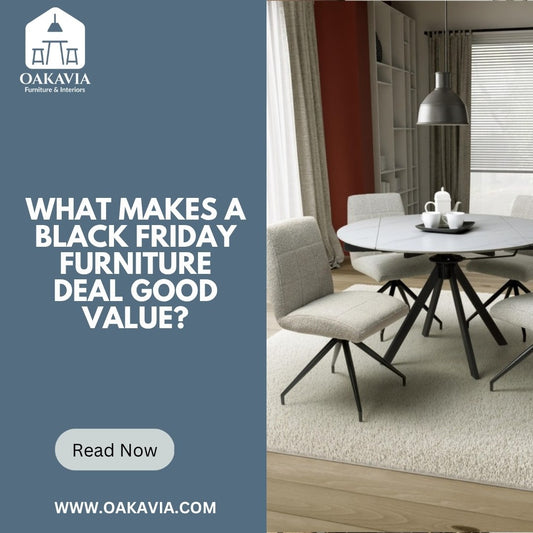Black Friday furniture value guide graphic with a modern dining room setting