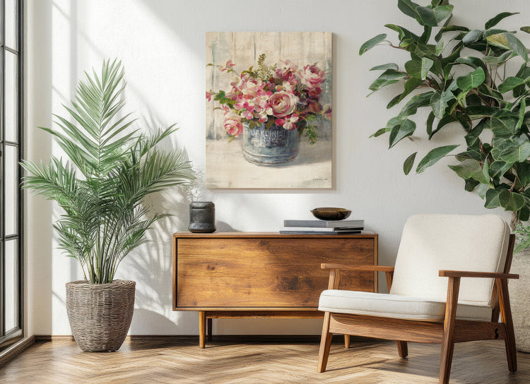 Garden Blooms I wall art print styled in a bright interior with natural wood furniture and plants