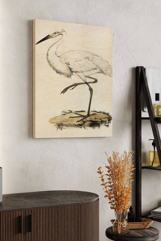 Antique Heron III Wood Art Print - Oakavia