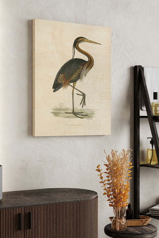 Vintage Purple Heron Wood Art Print - Oakavia