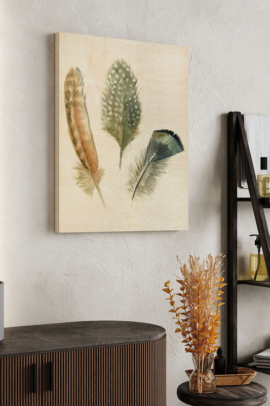 Watercolor Feathers I Wood Art Print - Oakavia