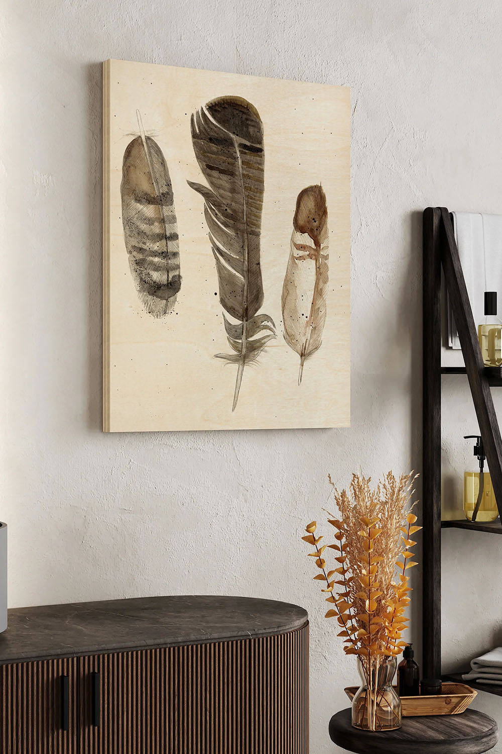 Earthtone Feathers I Wood Art Print - Oakavia