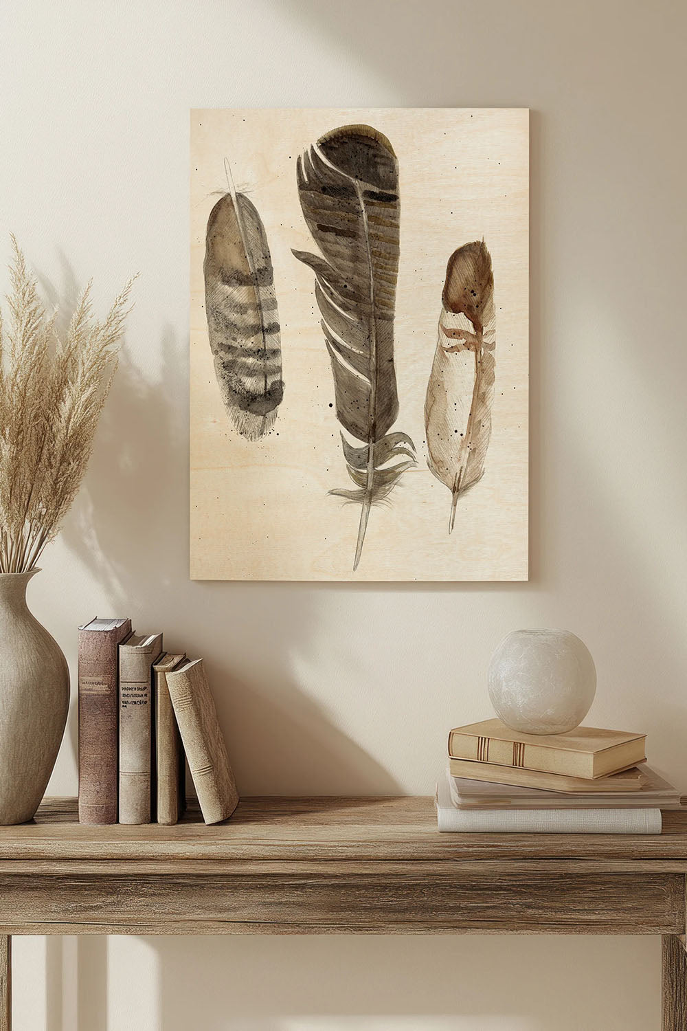 Earthtone Feathers I Wood Art Print - Oakavia