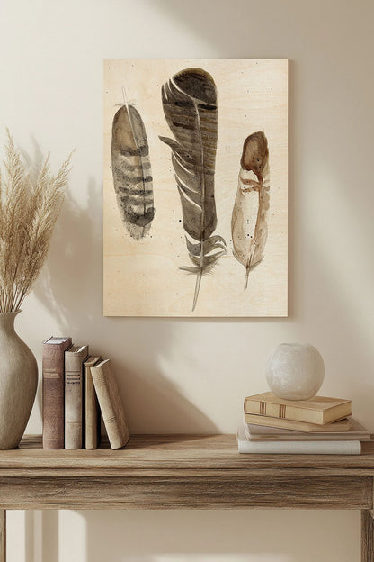 Earthtone Feathers I Wood Art Print - Oakavia