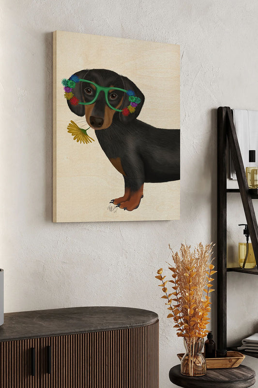 Dachshund Flower Glasses Wood Art Print - Oakavia
