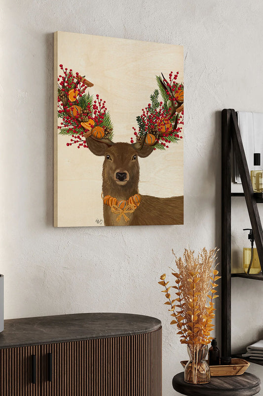 Deer, Cranberry and Orange Wreath Wood Art Print - Oakavia