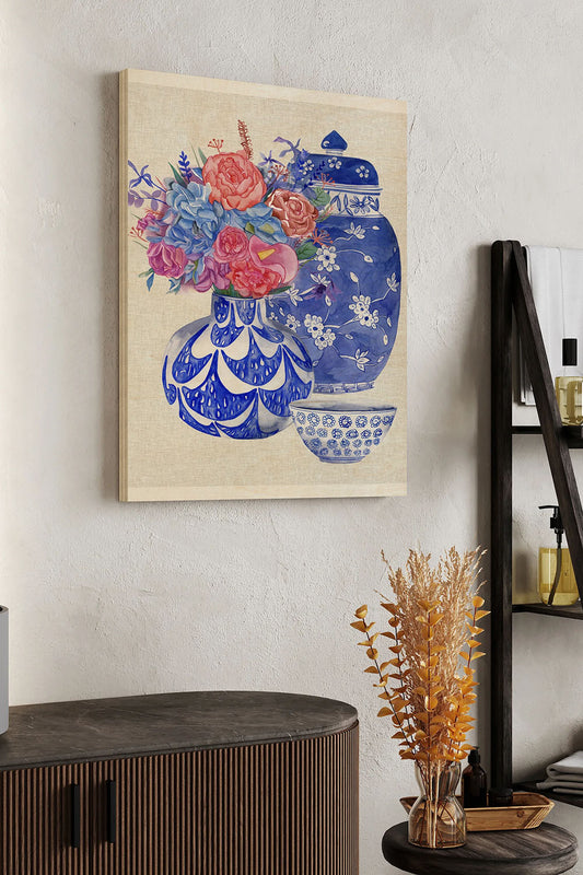 Delft Blue Vases I Wood Art Print - Oakavia
