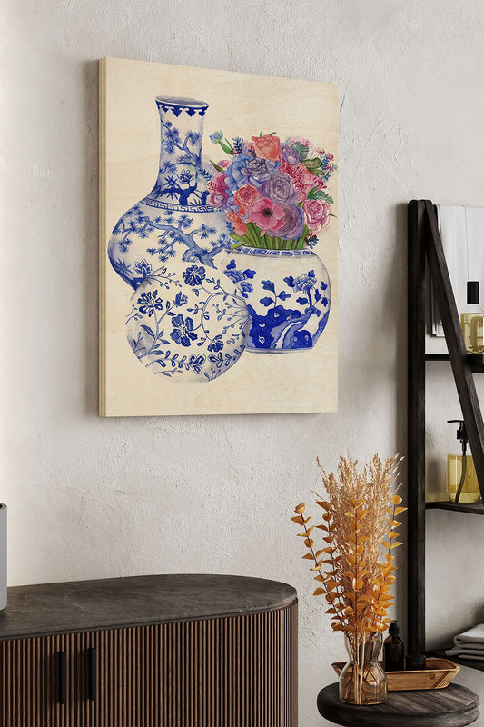 Delft Blue Vases II Wood Art Print - Oakavia