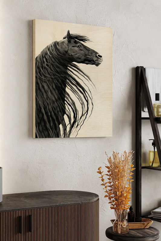 Black and White Horse Portrait II Wood Art Print - Oakavia