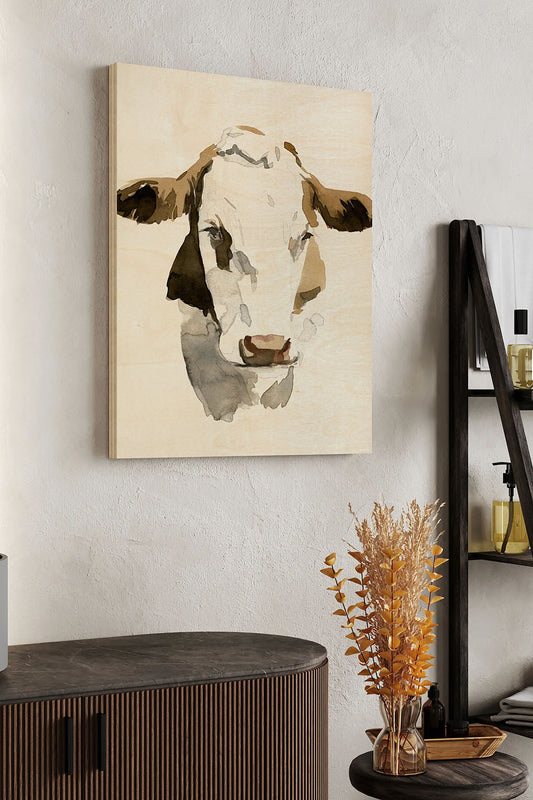 Watercolor Bovine I Wood Art Print - Oakavia