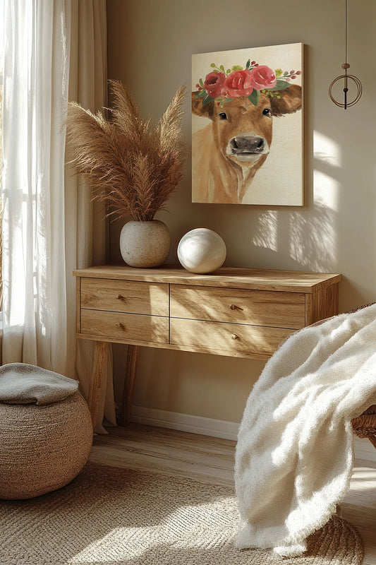 Flowered Cow I Wood Art Print - Oakavia