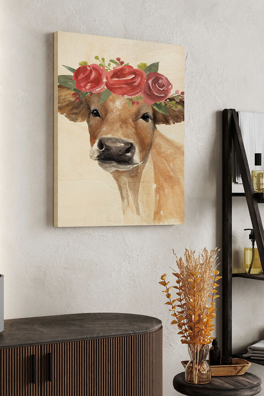 Flowered Cow II Wood Art Print - Oakavia