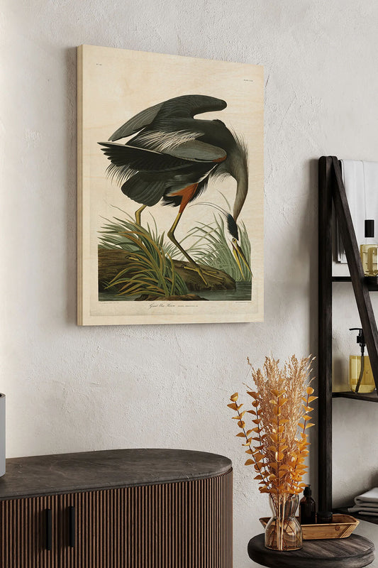Lustr Great Blue Heron in Pearl White Wood Art Print - Oakavia