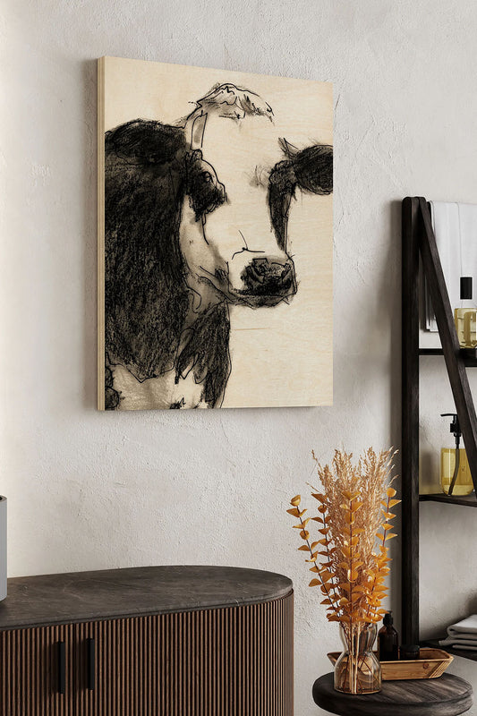 Cow Portrait Sketch I Wood Art Print - Oakavia