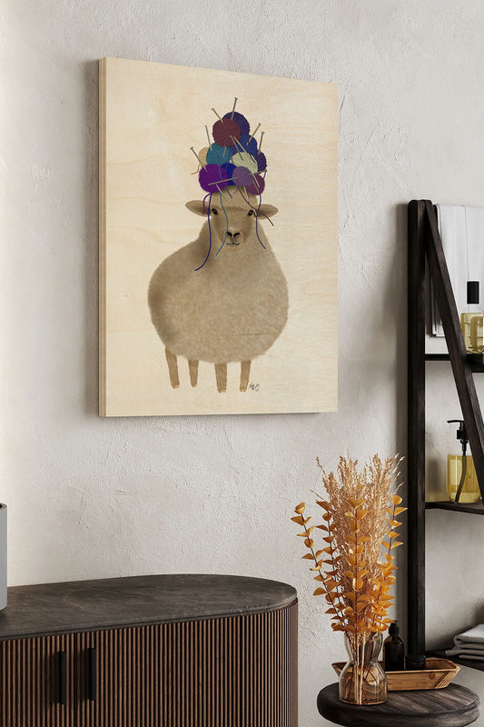 Sheep with Wool Hat, Full Wood Art Print - Oakavia