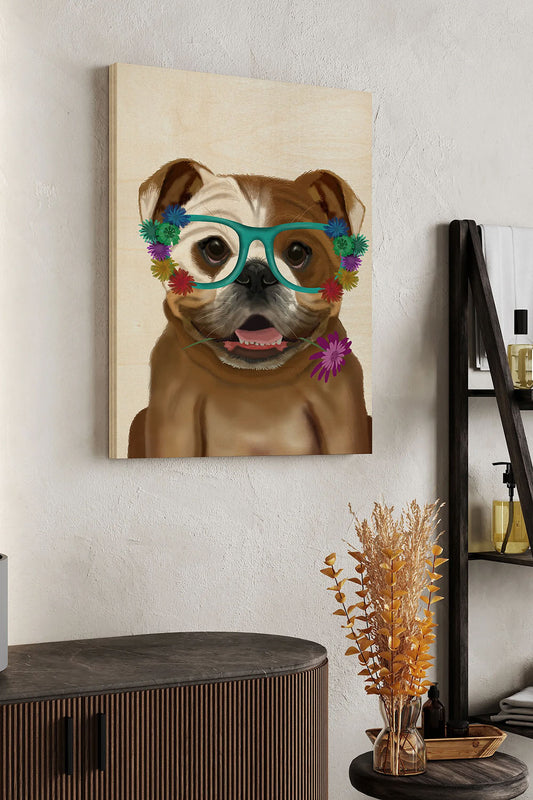 English Bulldog and Flower Glasses Wood Art Print - Oakavia