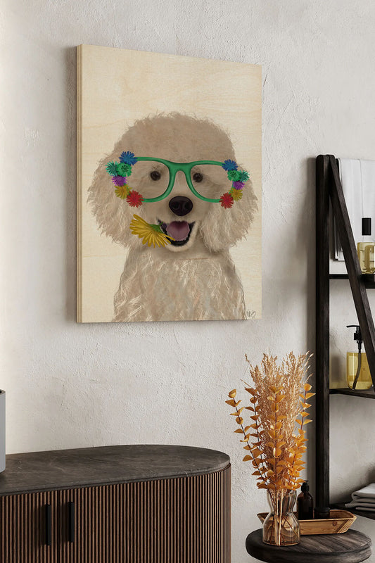 Poodle, White and Flower Glasses Wood Art Print - Oakavia
