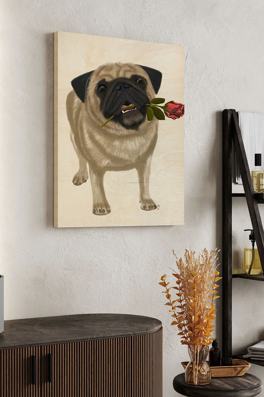 Pug and Rose Wood Art Print - Oakavia