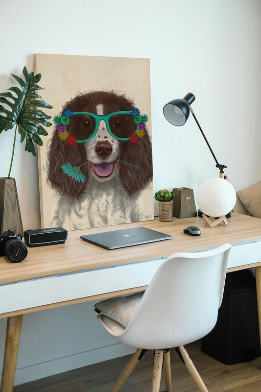 Springer Spaniel and Flower Glasses Wood Art Print - Oakavia