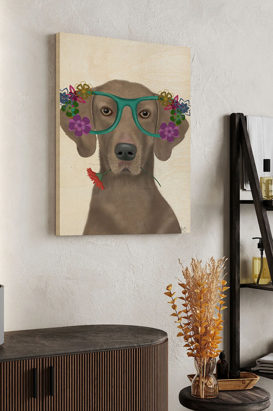 Weimaraner  and Flower Glasses Wood Art Print - Oakavia