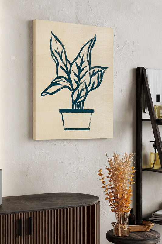 Navy Plant Sketches II Wood Art Print - Oakavia