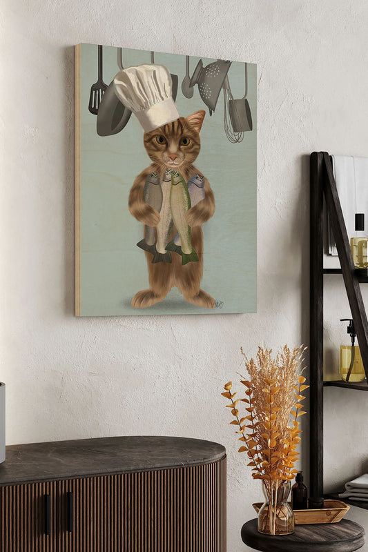 Tabby Cat Fish Chef, Full Wood Art Print - Oakavia