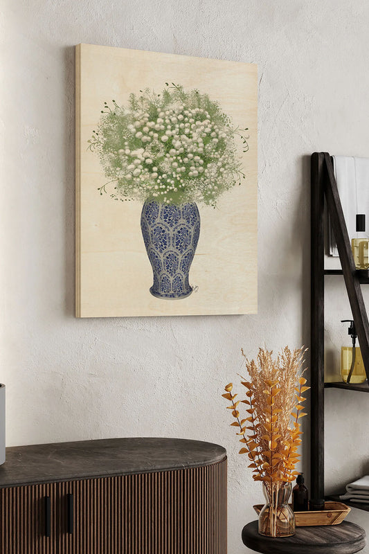 Gypsophelia Bouquet in Vase, Full Wood Art Print - Oakavia