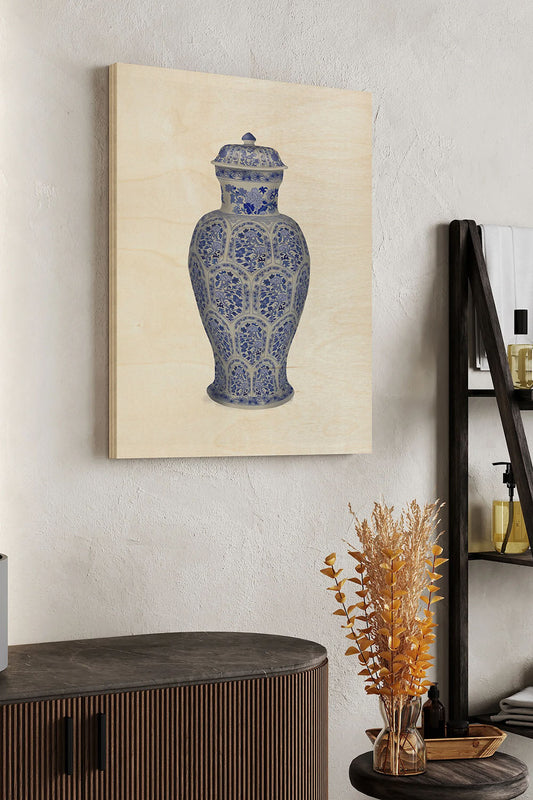 Tall Floral Jar in Blue Wood Art Print - Oakavia
