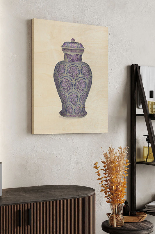 Tall Floral Jar in Blue and Pink Wood Art Print - Oakavia