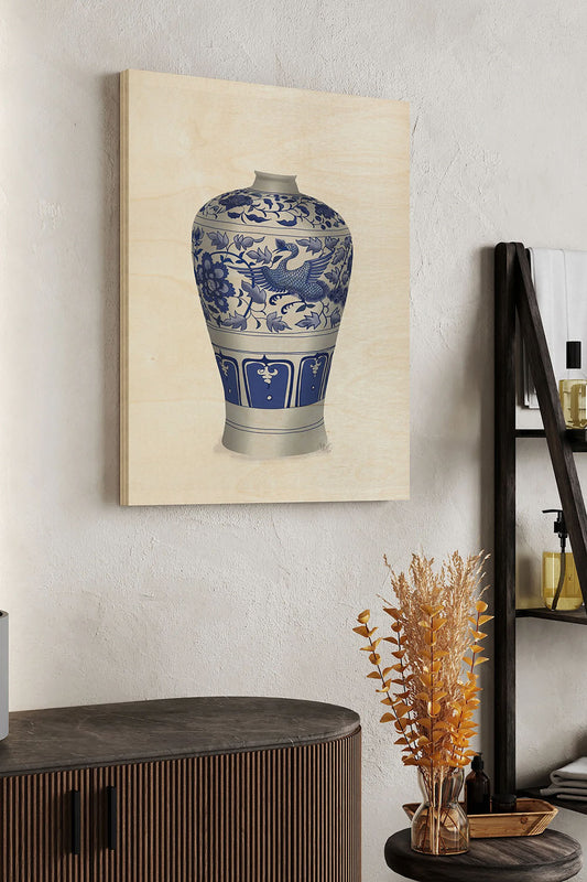 Crane Vase, Blue Wood Art Print - Oakavia