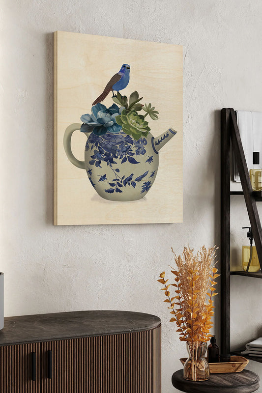Chinoiserie Teapot, Echevaria and Bird Wood Art Print - Oakavia