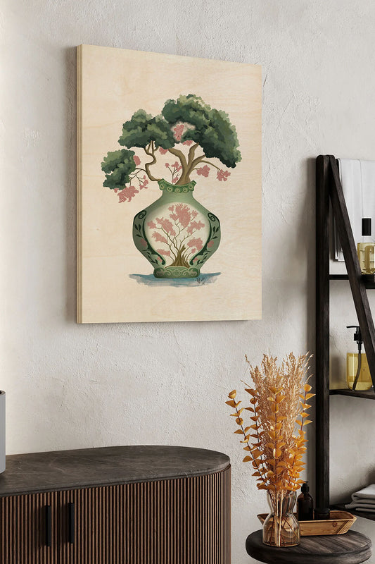 Pink Green Vase 2 Wood Art Print - Oakavia