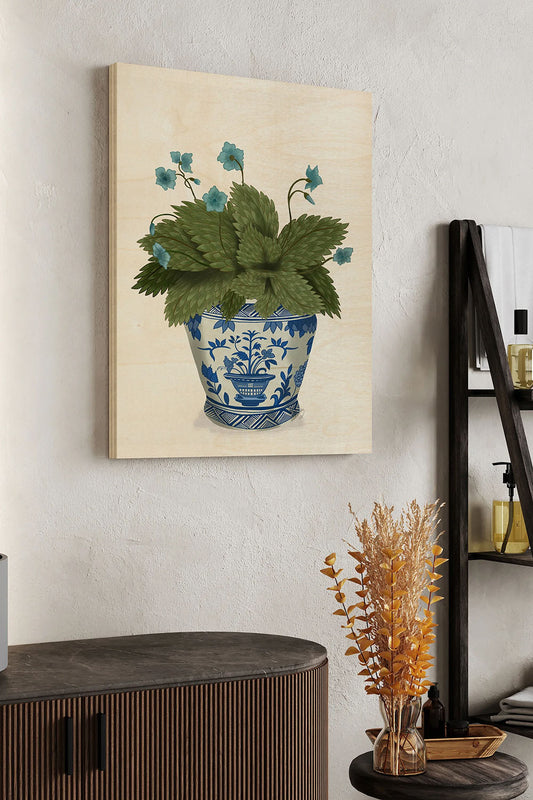 Planter with Blue Flower Plant Wood Art Print - Oakavia