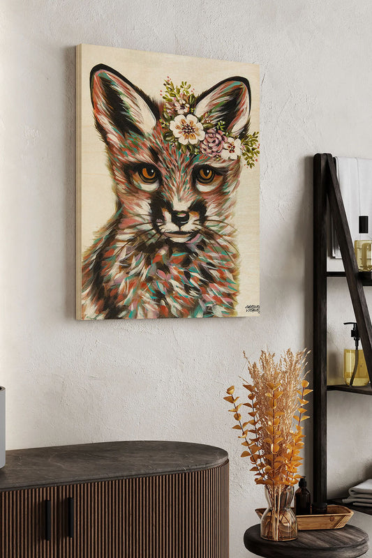 Fox with Flowers IV Wood Art Print - Oakavia