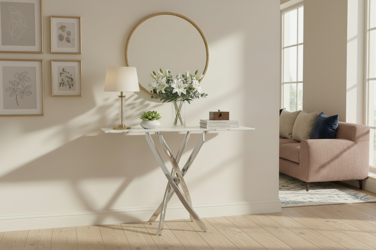 Astoria White/Chrome Console Table