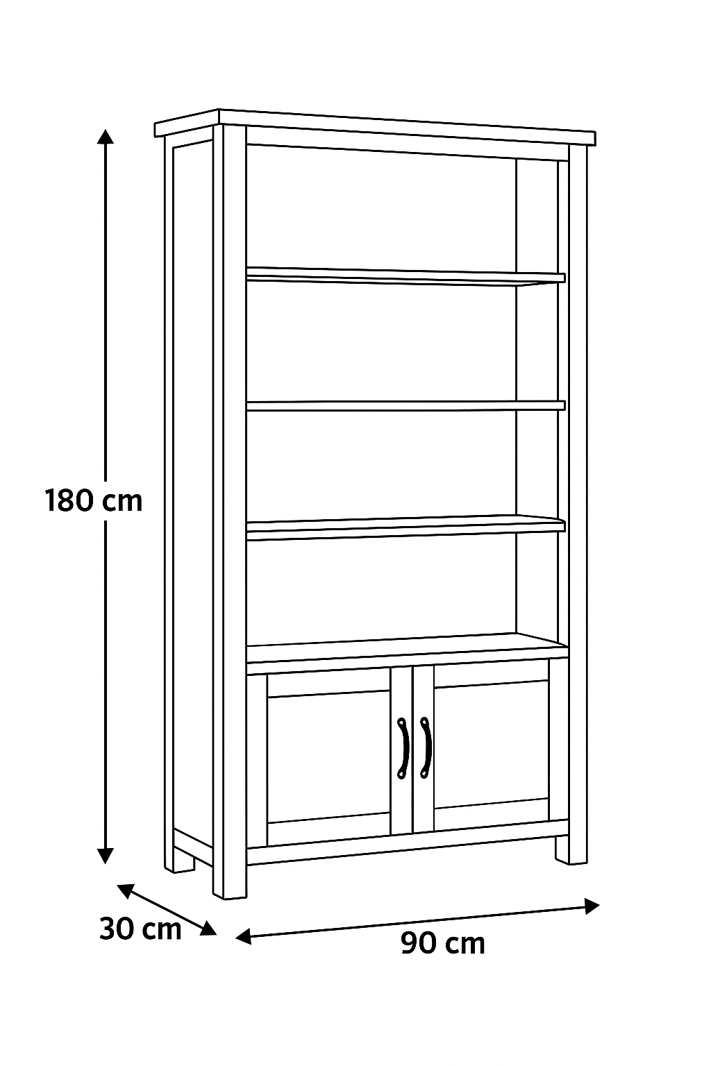 Line drawing of a wooden bookshelf with dimensions labeled