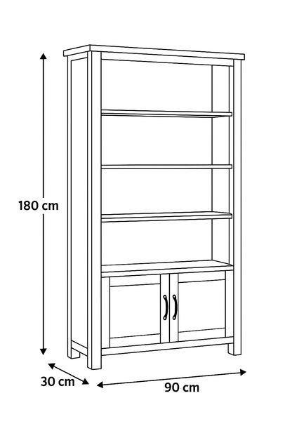 Line drawing of a wooden bookshelf with dimensions labeled