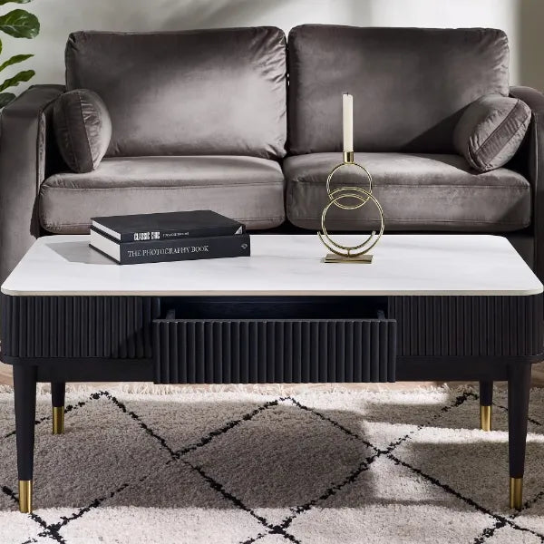 Louis Fluted Stone Top Coffee Table With 2 Drawers - Black - product image