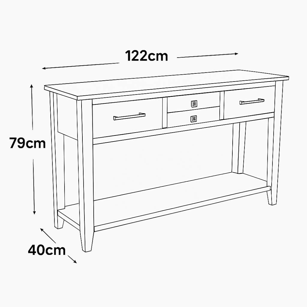 Line drawing of a wooden console table with dimensions labeled.