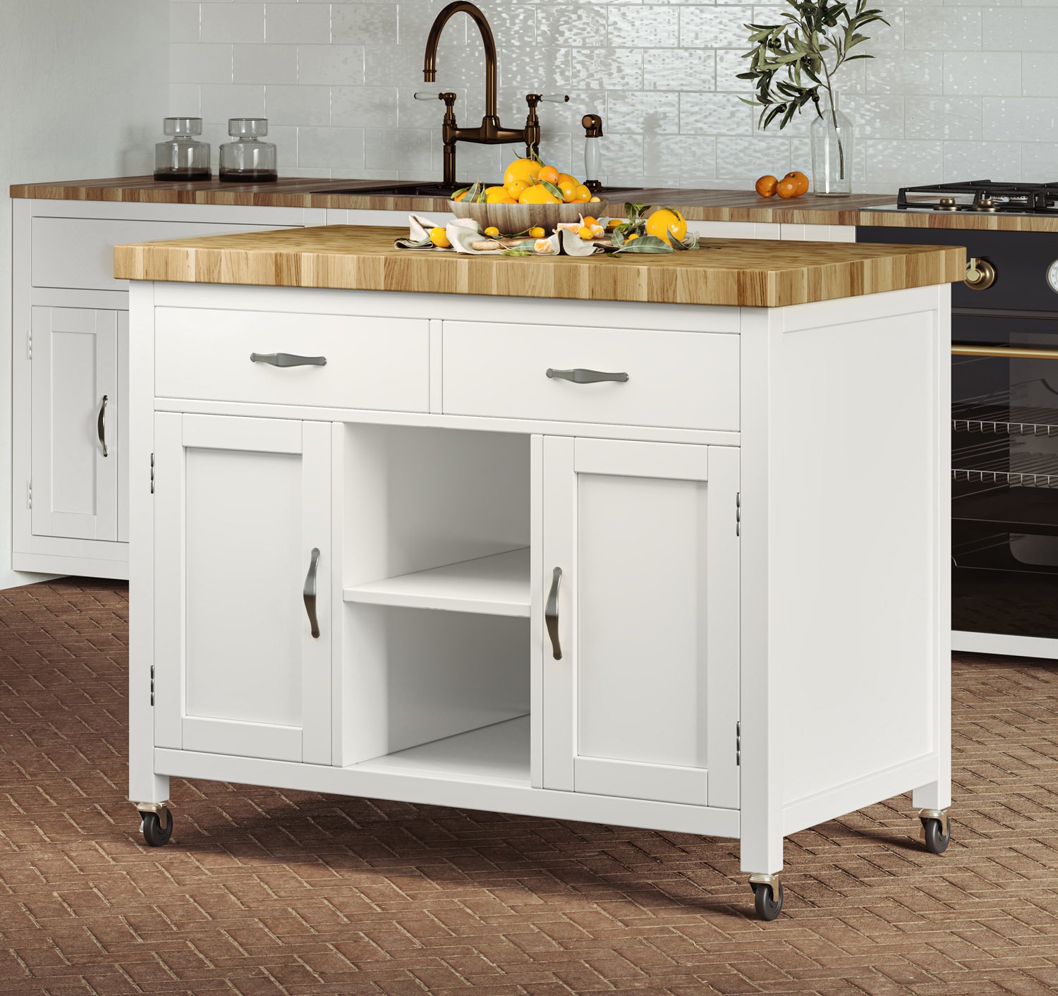 Kitchen Island (White) with Butchers Block - Oakavia