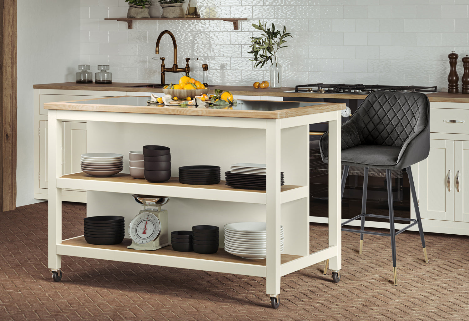 Kitchen Island (Cream) Open with Breakfast Bar - Oakavia
