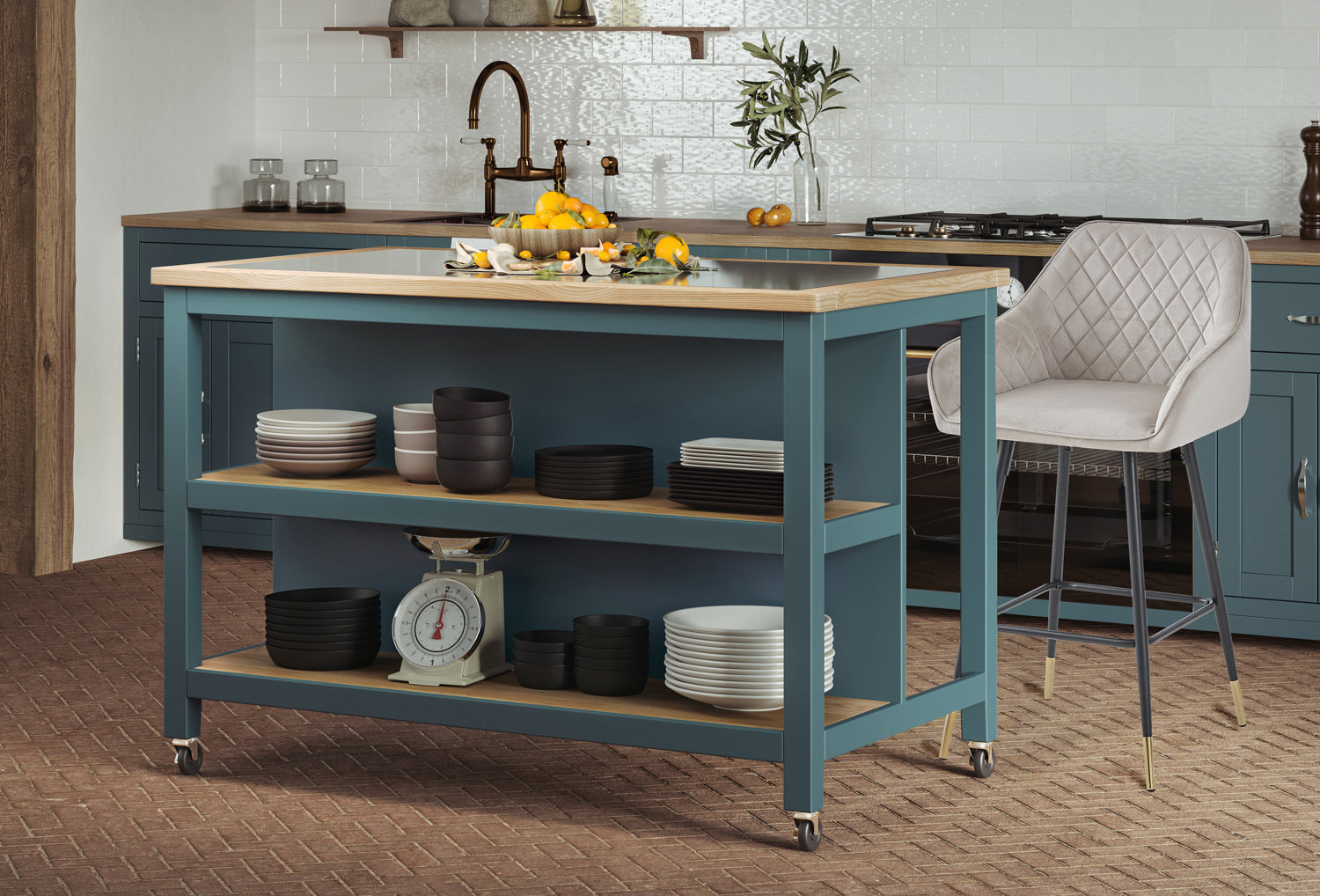 Blue Oakavia kitchen island with integrated breakfast bar