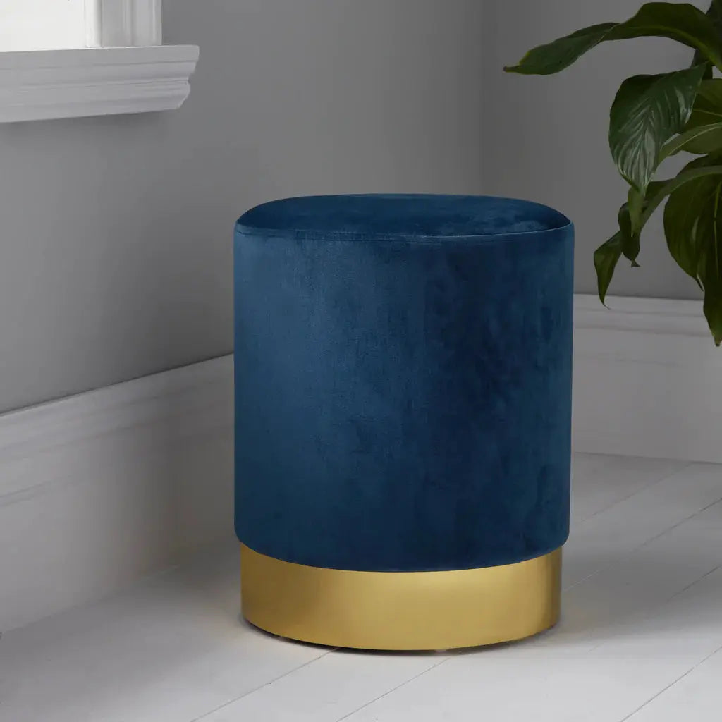 Stools | Buy Round Mystique Blue Velvet Stool - Gold Finish - Oakavia